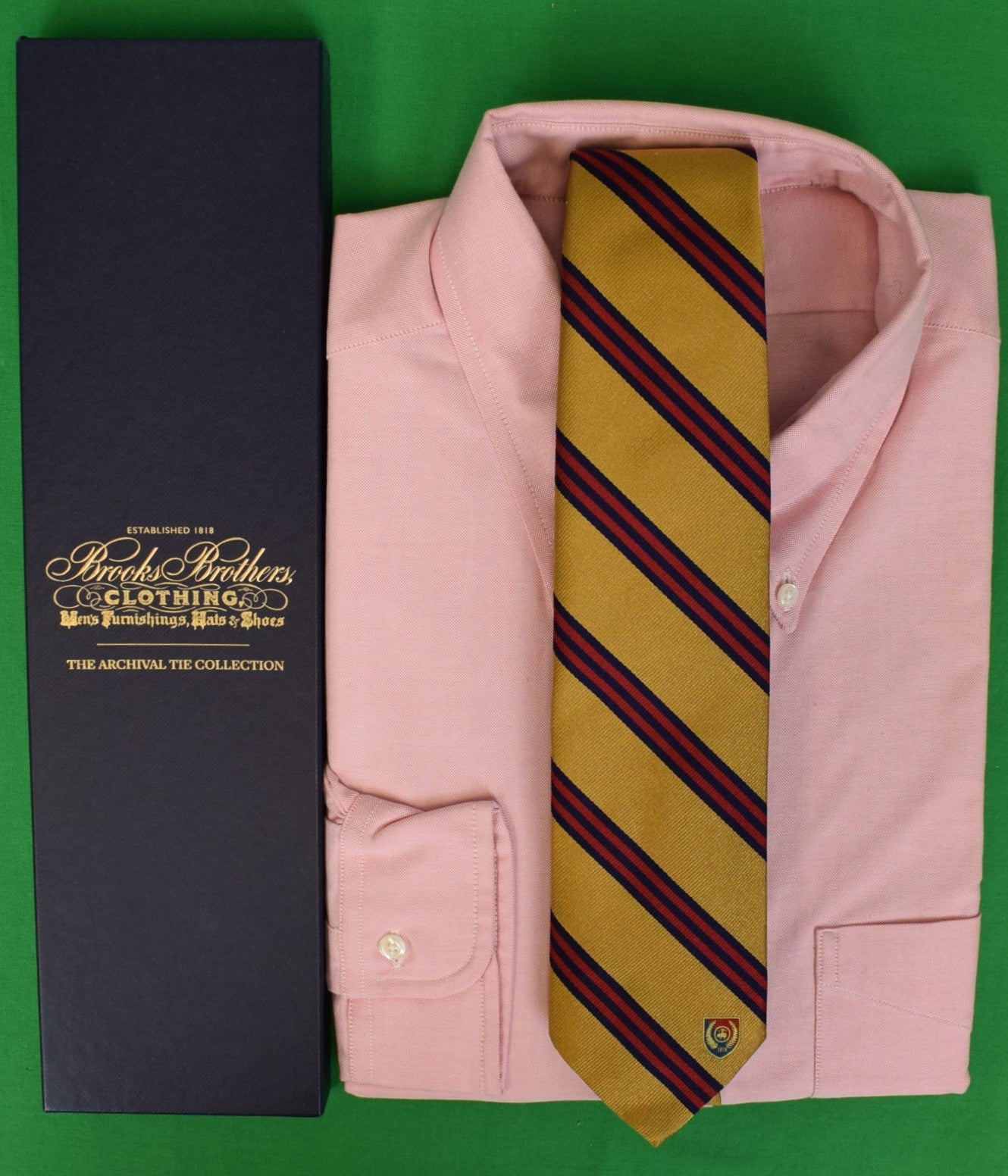 Brooks Brothers Gold w/ Red/ Navy Repp Stripe & 1818 Crest Archival Silk Tie (NWT w/ BB Box)