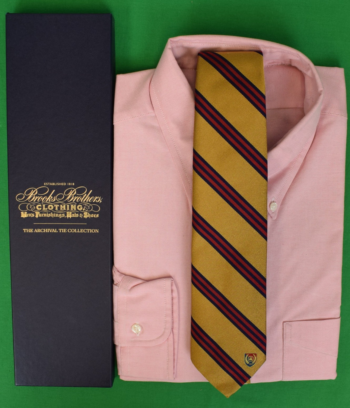 Brooks Brothers Gold w/ Red/ Navy Repp Stripe & 1818 Crest Archival Silk Tie (NWT w/ BB Box)