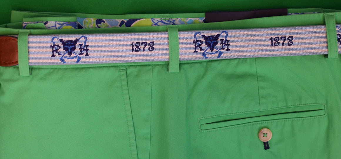 The Rockaway Hunting Club x S&B Hand Needlepoint Blue/ White 1878 Logo Belt Sz 34
