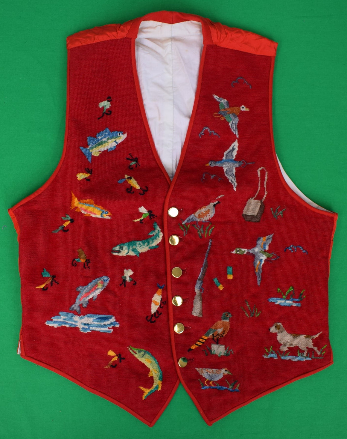 Hand-Needlepoint Embroidered Red Vest w/ Fishing/ Hunting & Shooting Motifs Sz 38