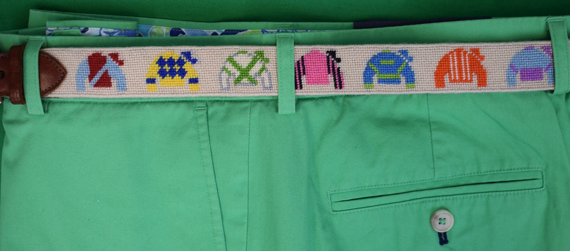 Hand Needlepoint Boys Belt w/ 13 Jockey Silks Sz 29