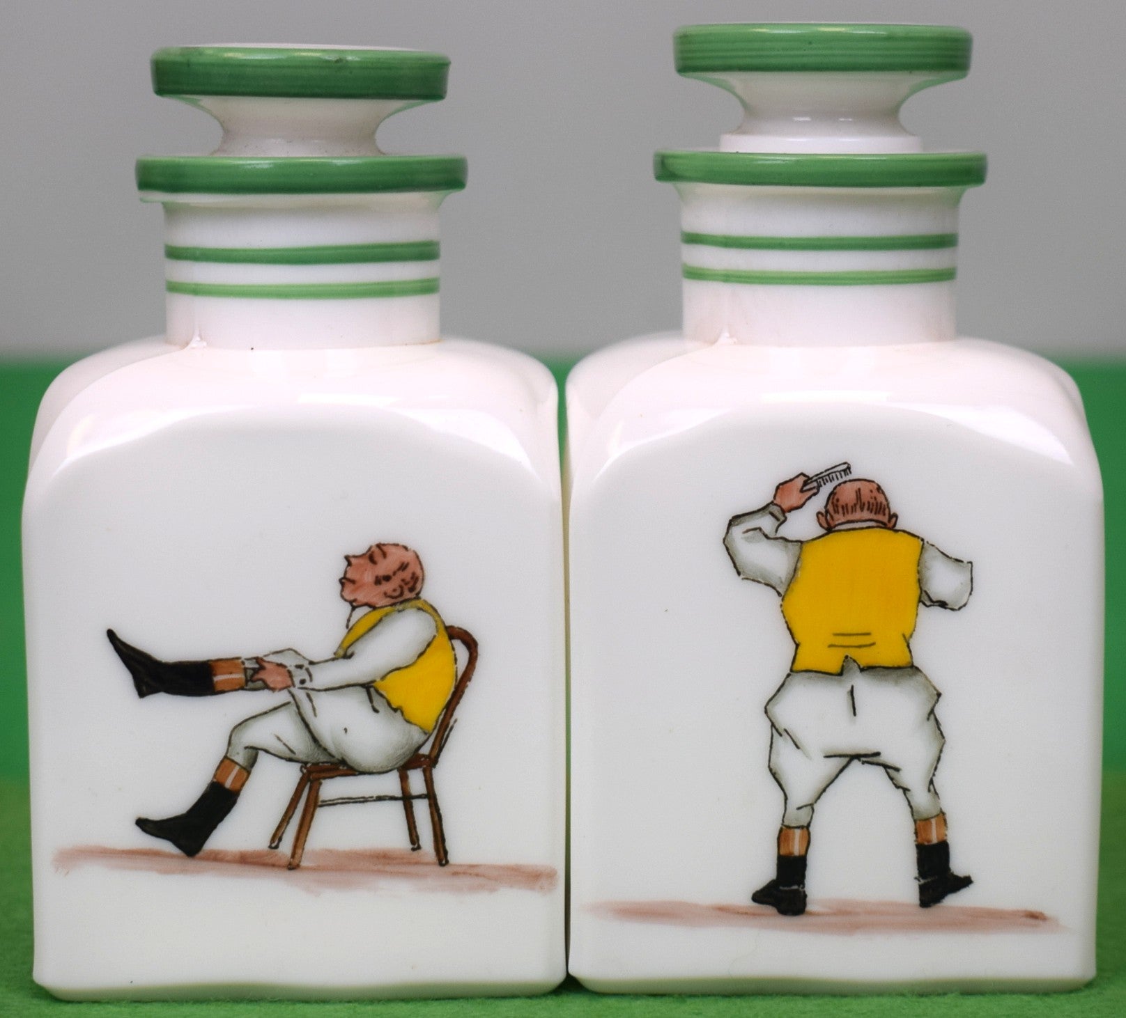 Set x 2 Cyril Gorainoff for Abercrombie & Fitch Fox-Hunter w/ Yellow Waistcoat Porcelain Vanity Jars