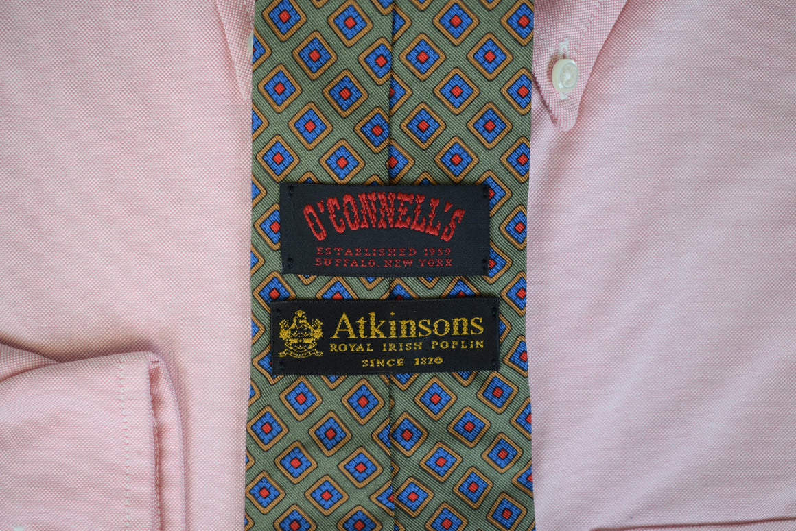 O'Connell's x Atkinsons Royal Irish Poplin Olive Wool/ Silk Tie w/ Blue Foulard Print (NWOT)