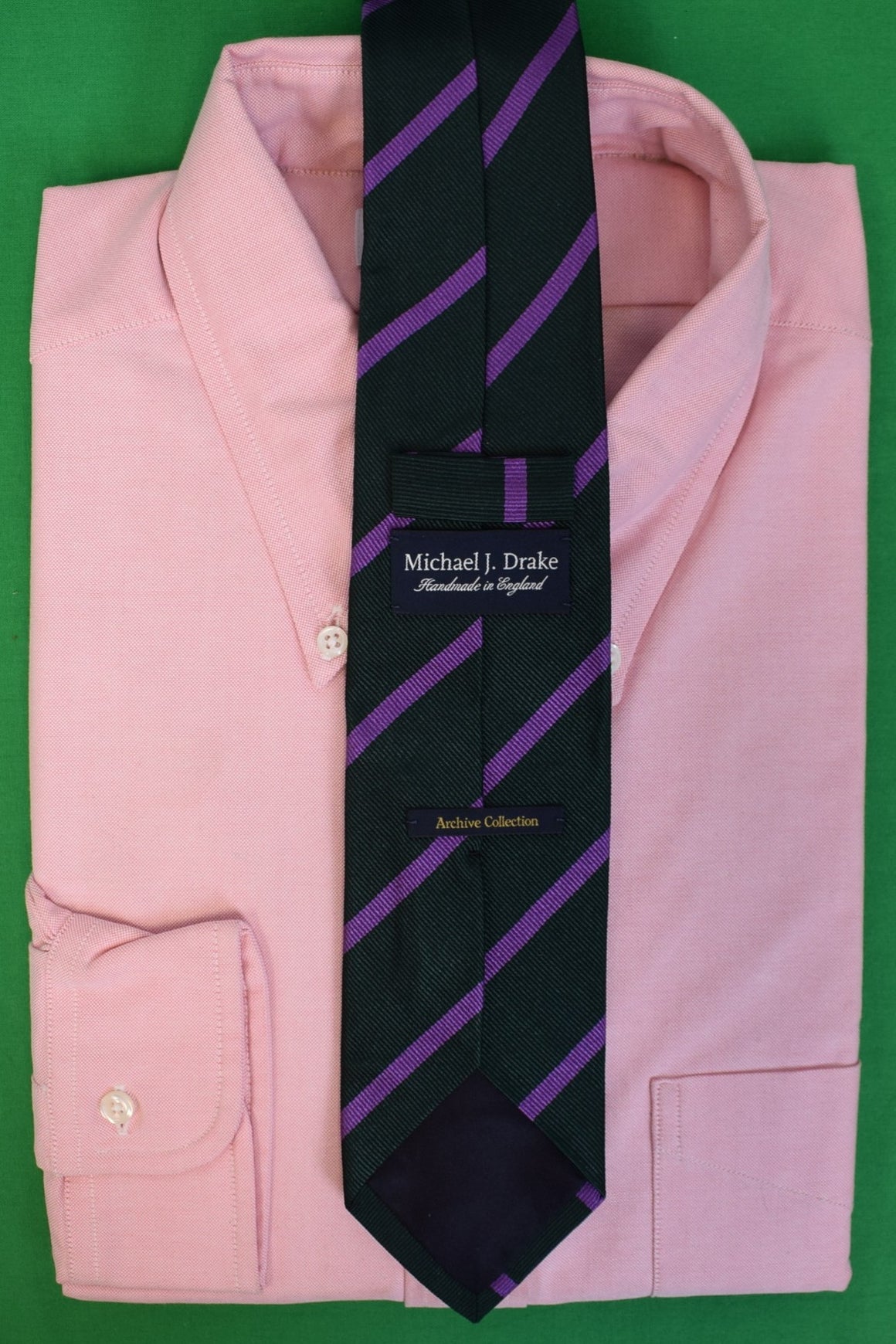 "Michael J. Drake x Archive Collection Hunter Green w/ Purple Repp Stripe Silk Club Tie"