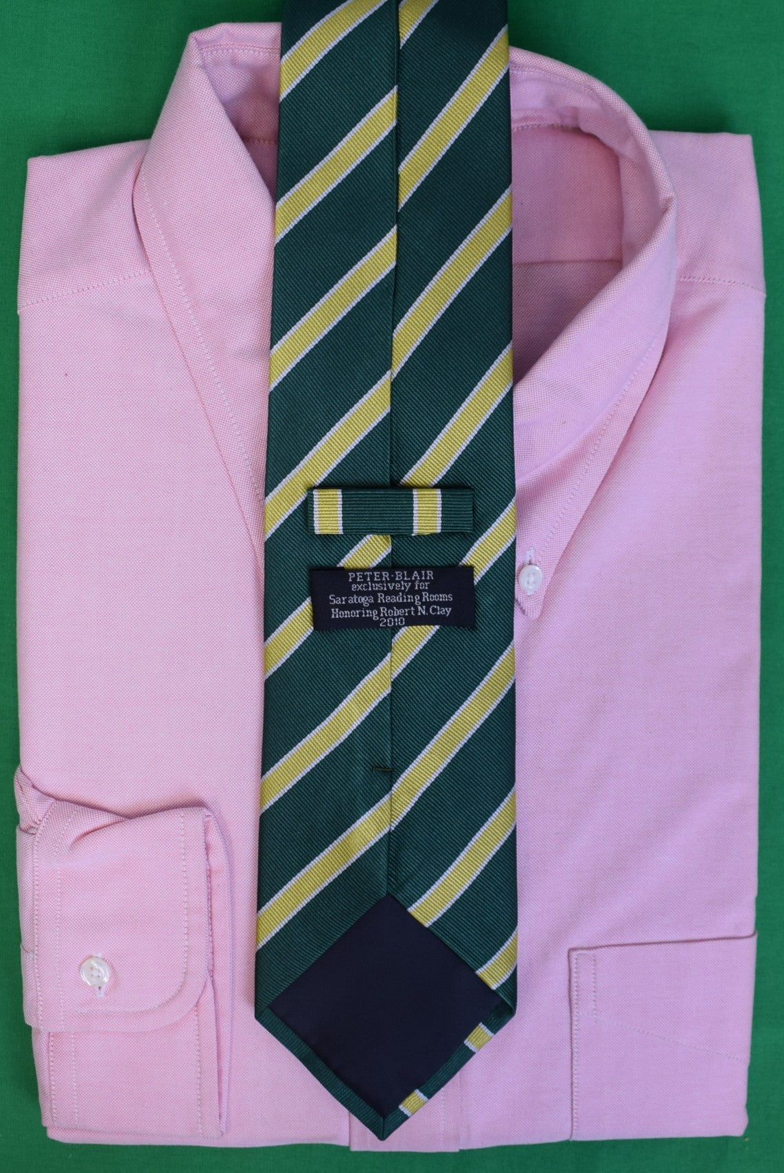Saratoga Reading Rooms x Robert N. Clay 2010 Hunter Green w/ Yellow Repp Stripe Silk Club Tie