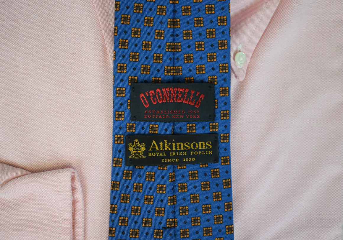 O'Connell's x Atkinsons Royal Irish Poplin  Wool/ Silk Tie w/ Blue w/ Gold Foulard Print (NWOT)