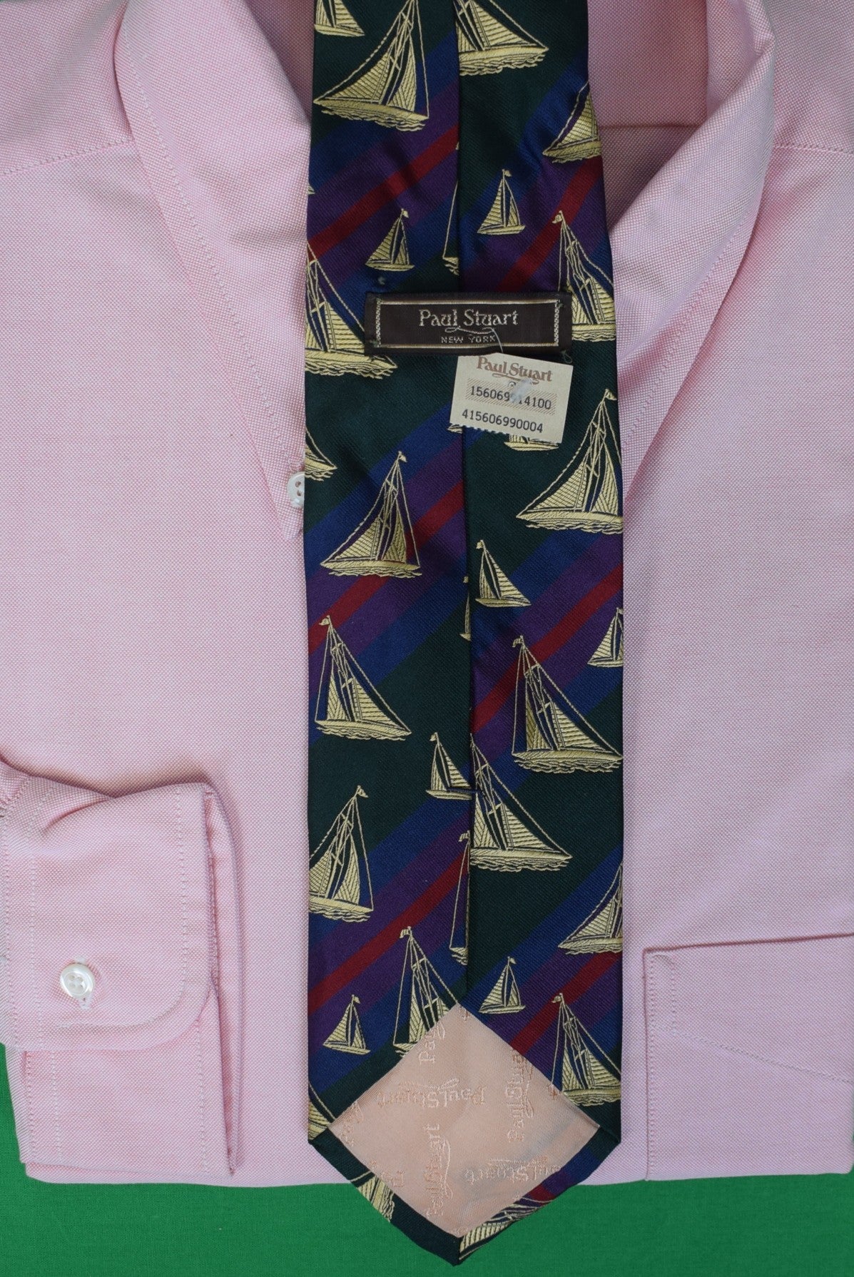 Paul Stuart Green w/ Navy/ Burgundy/ Purple Repp Stripe Silk Tie w/ Yachting/ Sailboat Motif (NWT)