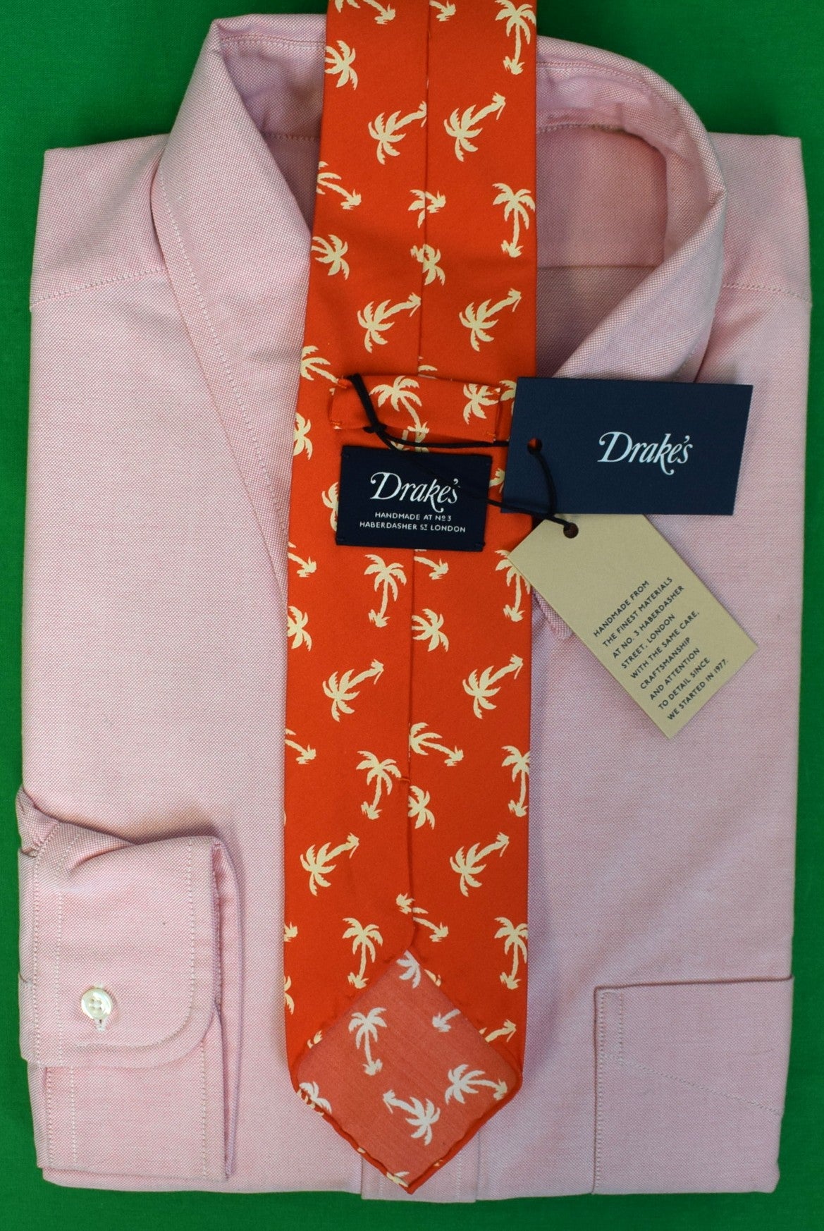 "Drake's London English Orange Silk w/ Creme Palm Tree Print Club Tie" (NWT)
