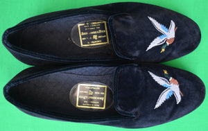 Abercrombie & Fitch Black Velvet Mallard Embroidered Slippers Made In England" Sz 10 1/2D