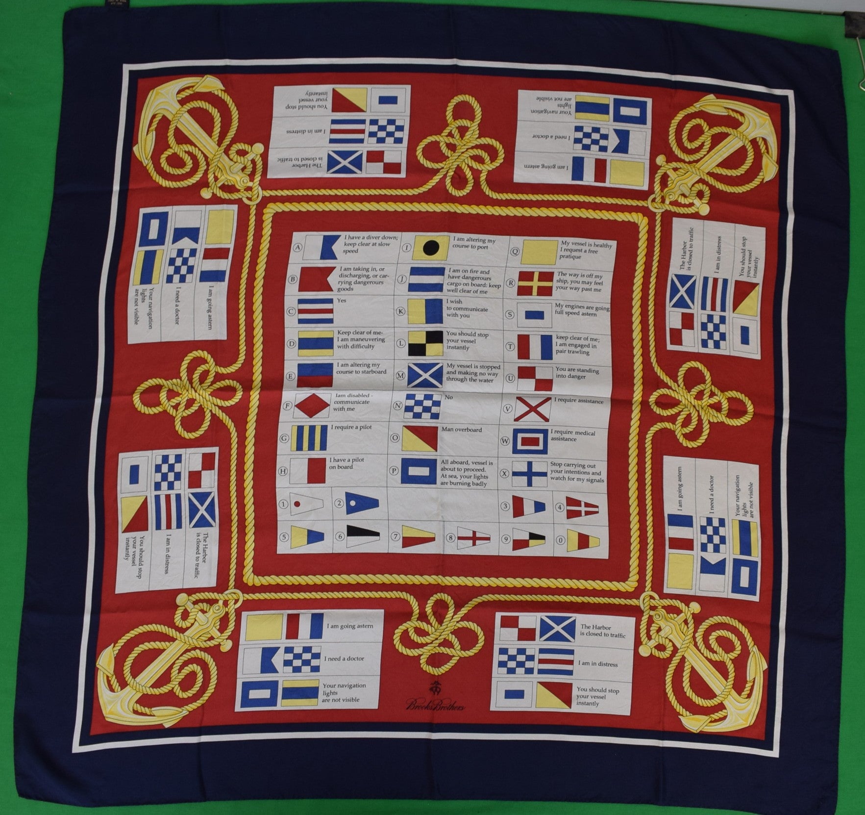 "Brooks Brothers Nautical Anchor & Signal Flags Navy w/ Red/ Yellow & White Italian Silk Scarf"