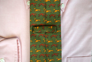 Cordings Olive English Silk Tie w/ Gold & Russet Hunting Dog Print (NWOT)