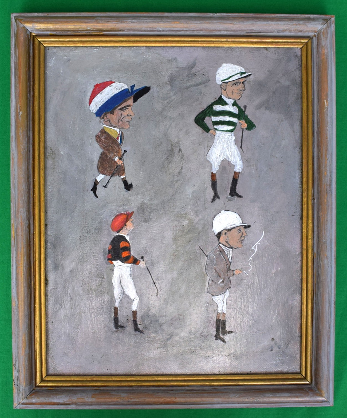 Framed Vignette of 4 English Jockeys Oil on Canvas