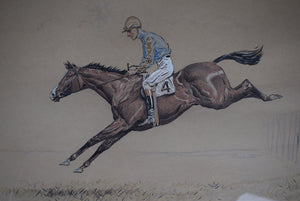 "Freddie" Thomas The First Rider To Win The New Jersey Hunt Cup Twice Quickens The Pace At The 25th Fence And Goes On To Win 1931 Gouache by Paul Brown