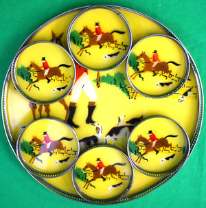 "Set x Fox-Hunt Scene Eglomise c1950s Yellow Glass Tray w/ 6 Coasters" (New/ Old Stock)