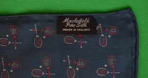 Macclesfield Antique English Teal Silk w/ X'd Tennis Racquets c1950s Pocket Square