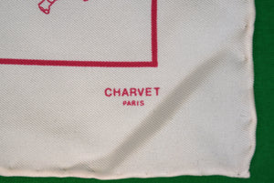 Charvet Paris White Silk Pocket Square w/ Pink Elephants Print