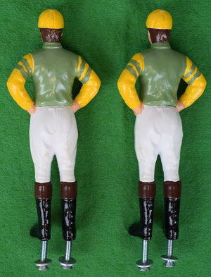 "Pair x Dogwood Stable Green/ Yellow Hand-Painted Jockey Car Hood Mascots"