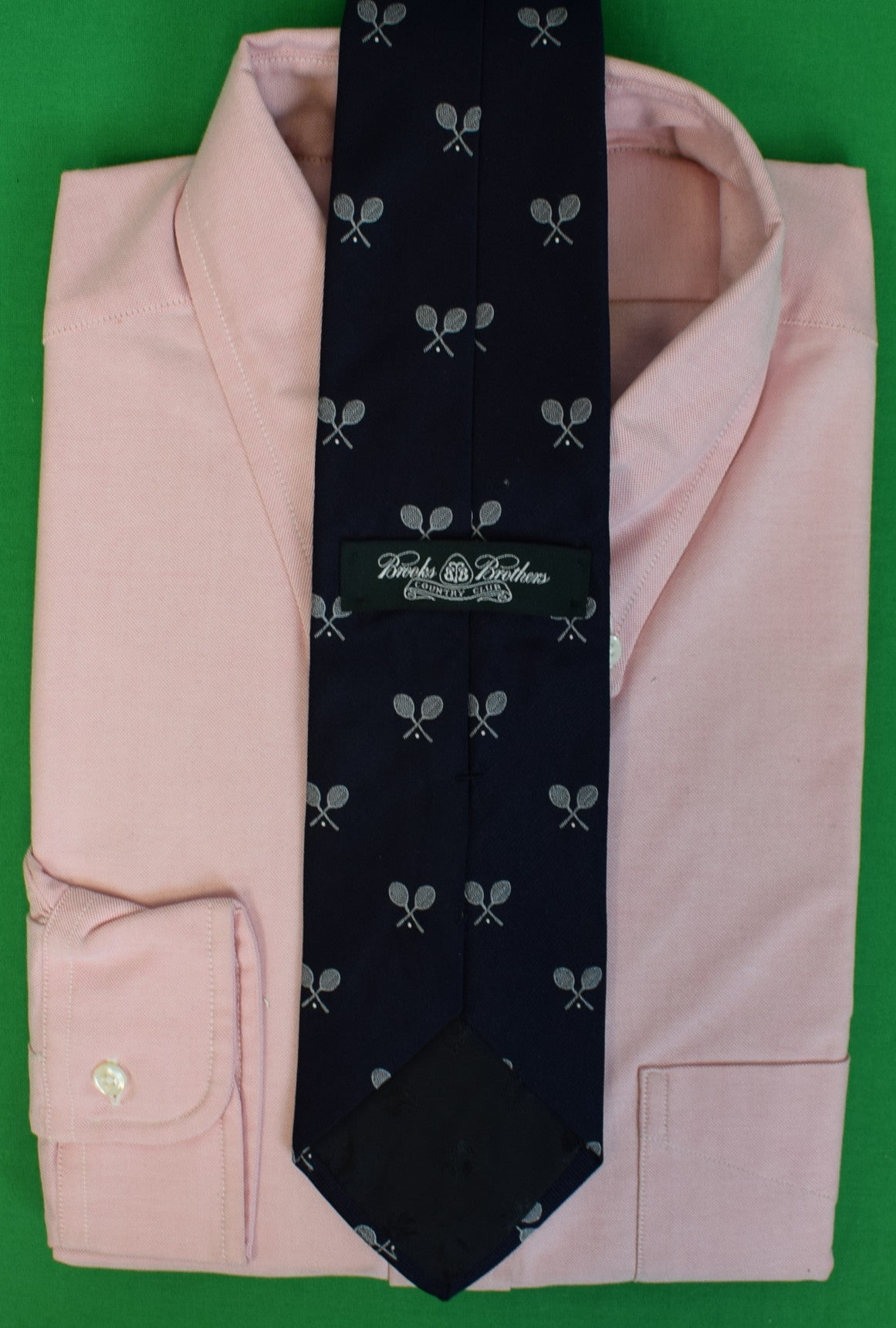 "Brooks Brothers Country Club Navy English Silk Tie w/ X'd Tennis Racquets Motif"