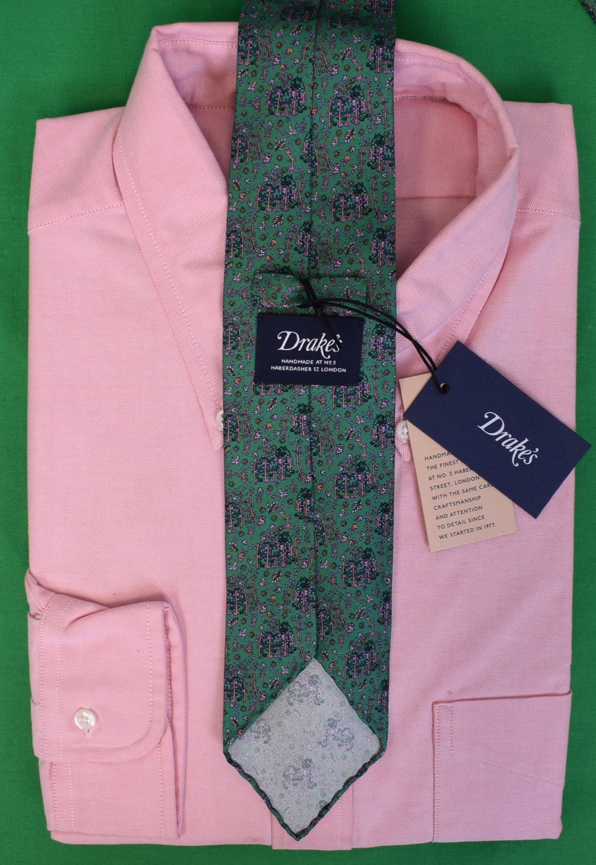 Drake's London English Green w/ Pink Tapestry Print Silk Club Tie (NWT)