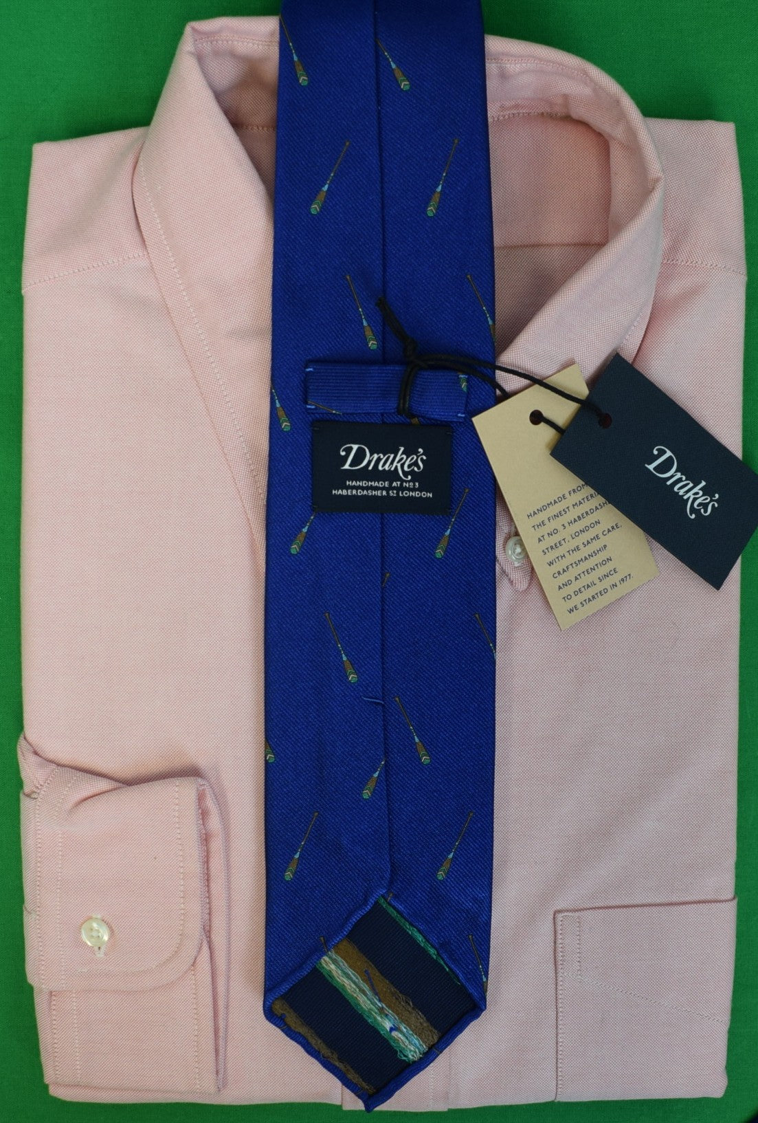 Drake's London English Royal Blue w/ Green Oars Print Silk Club Tie (NWT)