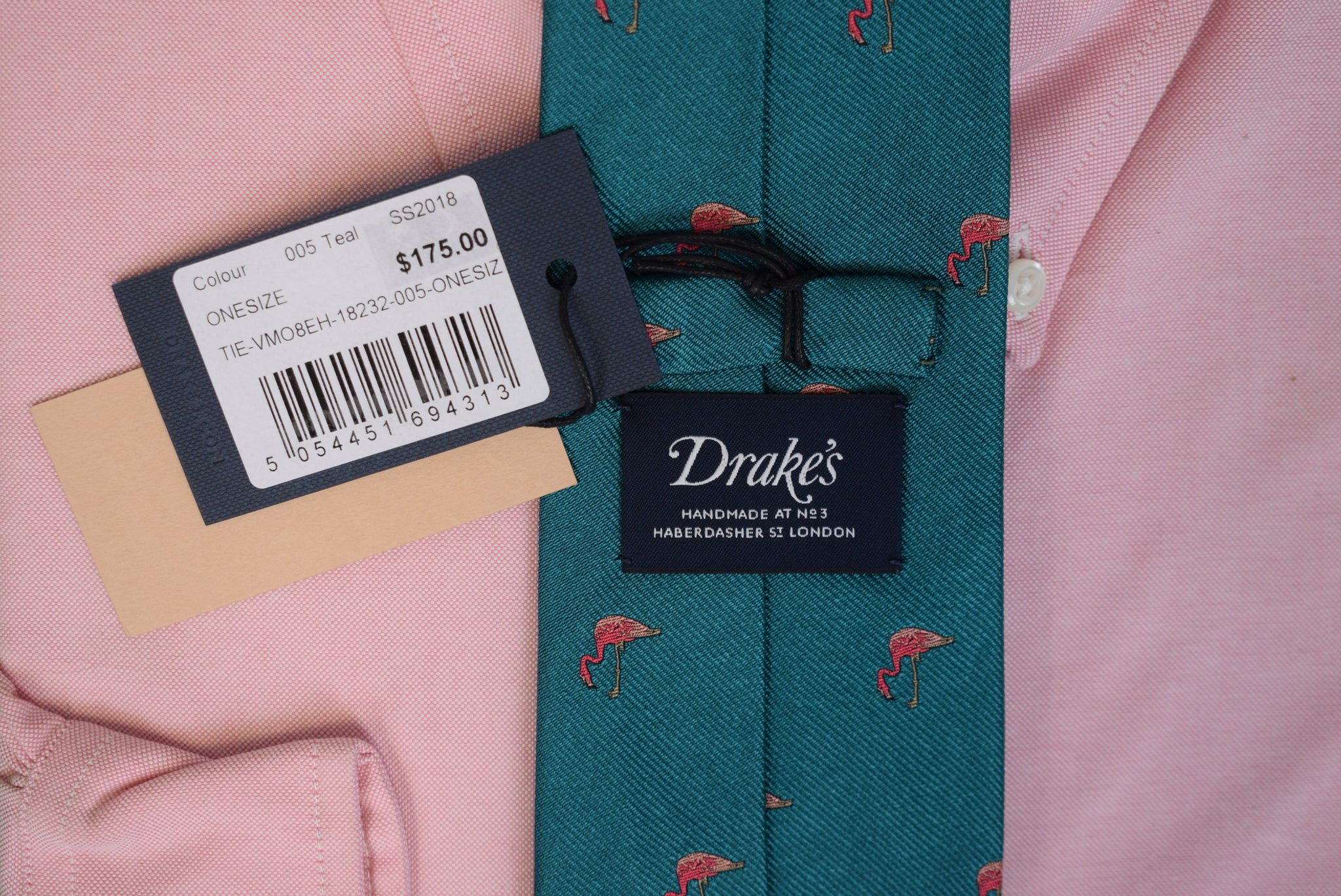 Drake's Teal w/ Pink Flamingo Silk Club Tie (NWT)