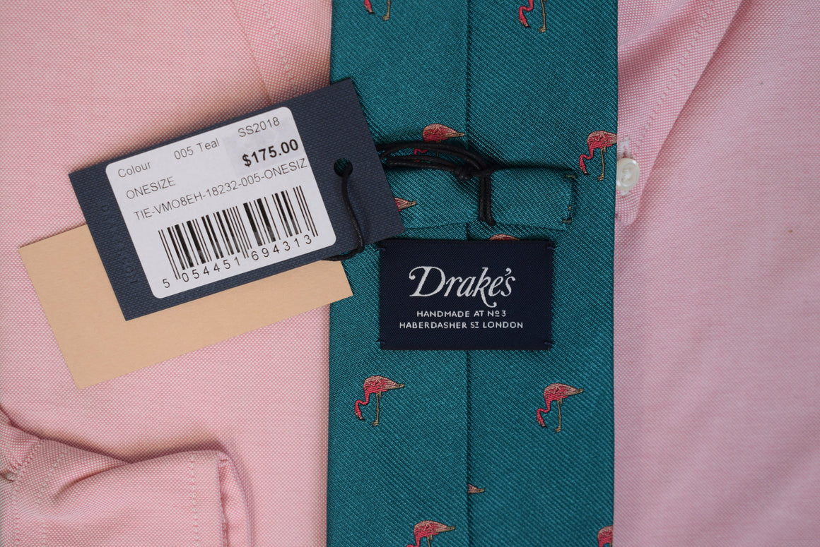Drake's Teal w/ Pink Flamingo Silk Club Tie (NWT)