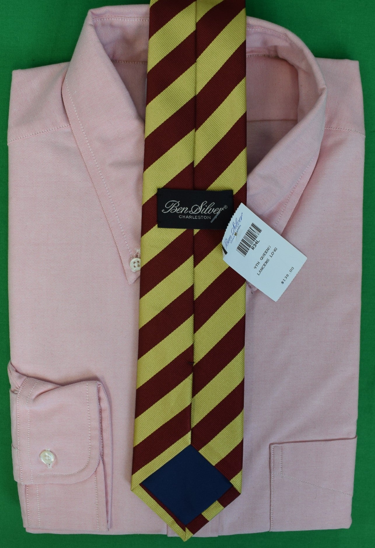 "Ben Silver Gold/ Burgundy 9th Queen's Lancers Regimental Repp Stripe Silk Tie" Long (NWT)