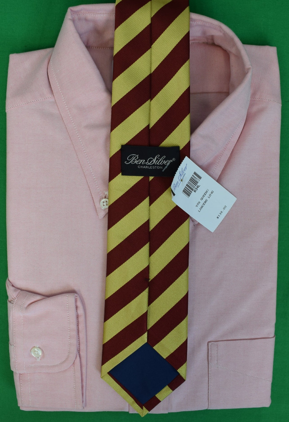 "Ben Silver Gold/ Burgundy 9th Queen's Lancers Regimental Repp Stripe Silk Tie" Long (NWT)