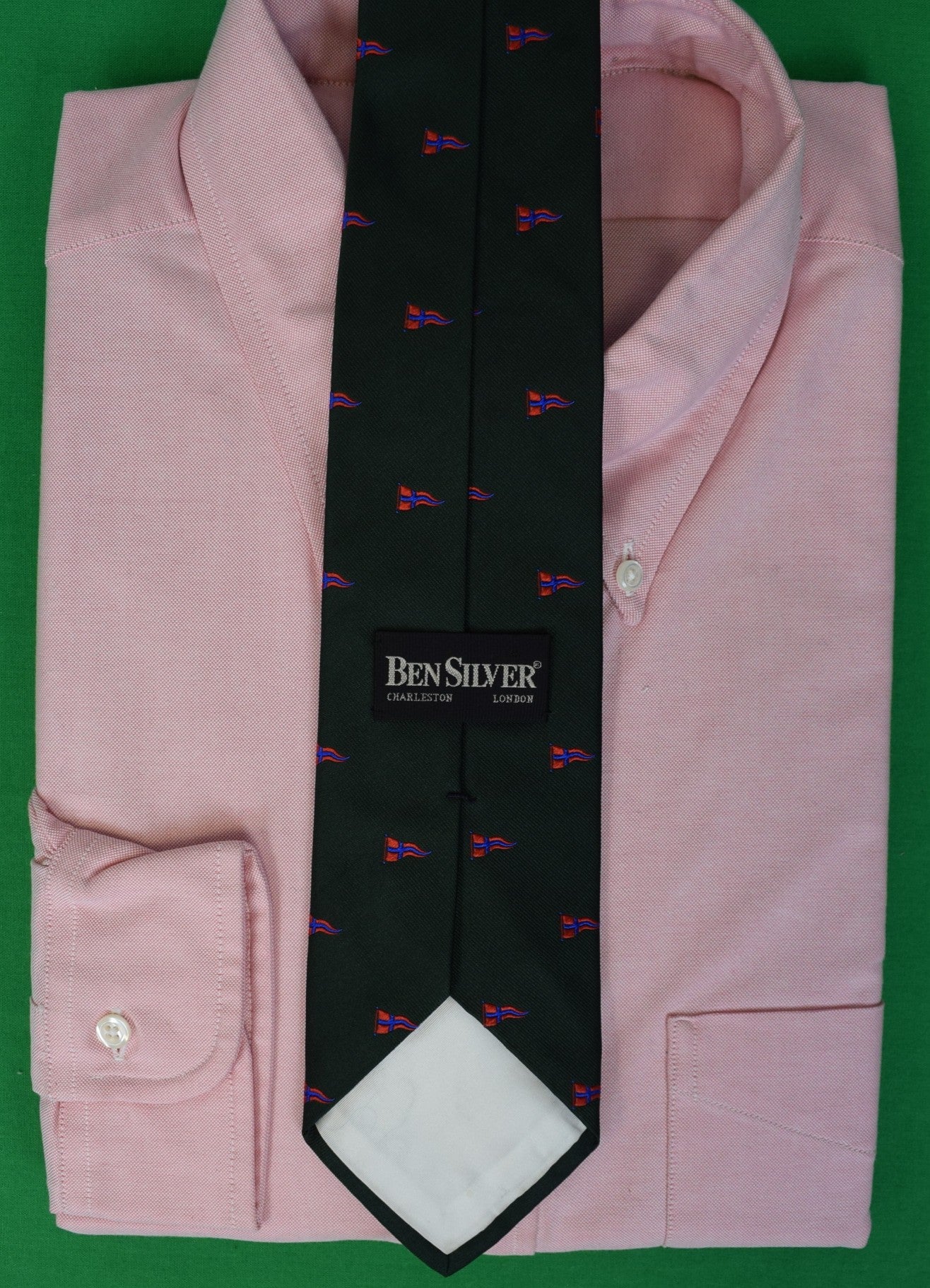 Ben Silver British Racing Green Silk Tie w/ Yacht Club Red Burgee Pennant Motif