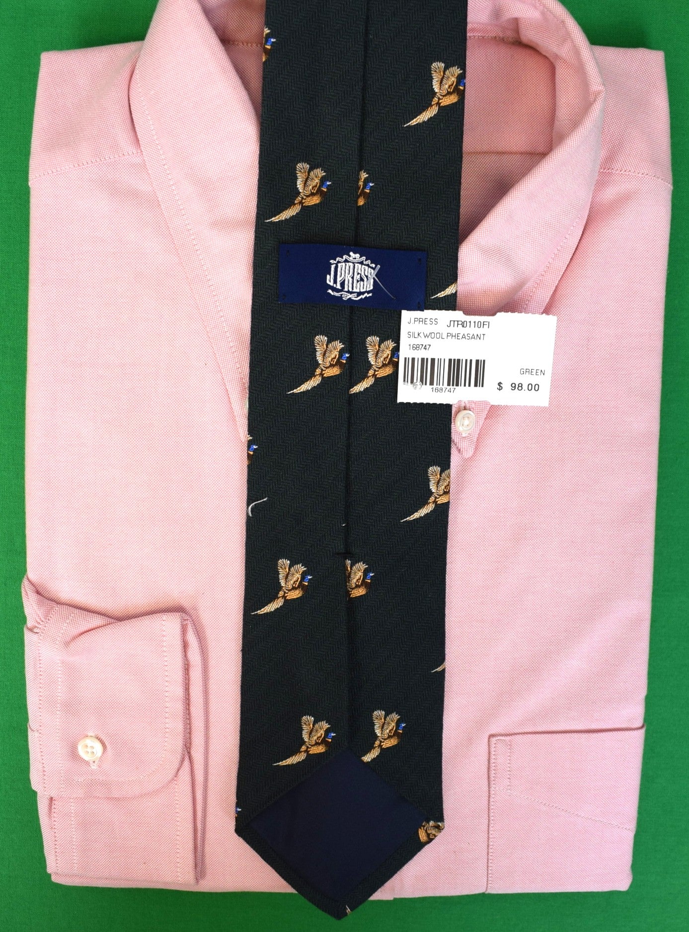 "J. Press Made-in-UK Green Flying Pheasant Wool/ Silk Tie" (NWT)