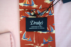 "Drake's Red Multi Sailboat Motif Silk Tie Made In England" (NWT)