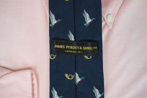 James Purdey & Sons Navy English Silk w/ Mallard & Hunting Horn Club Print Tie