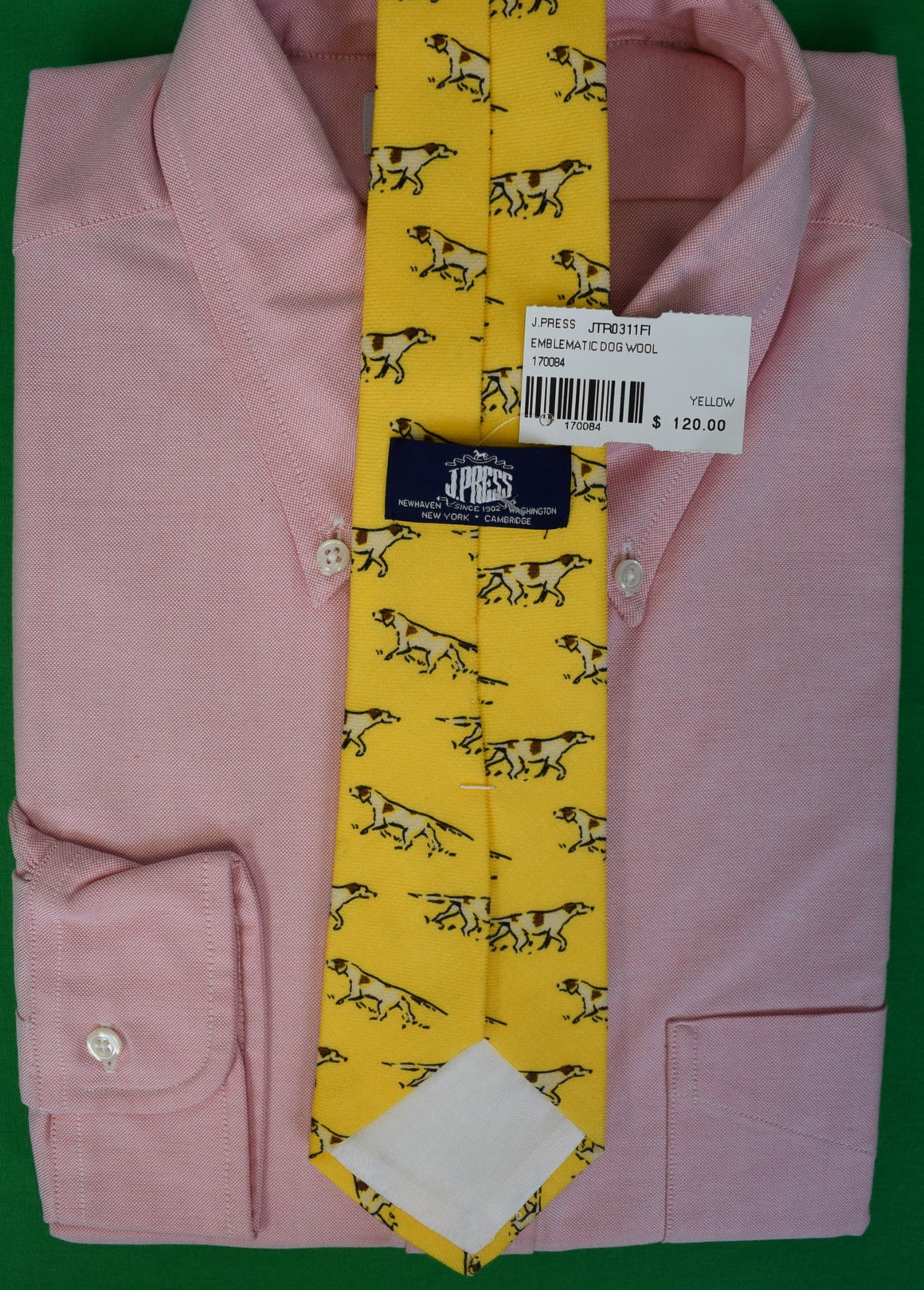 "J. Press Yellow Challis English Pointer Dog Print Tie" (NWT)
