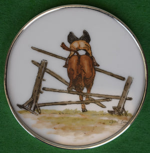 "Set x 2 Cyril Gorainoff Fox-Hunter & Hound Milk Glass Coasters w/ Sterling Silver Rims"