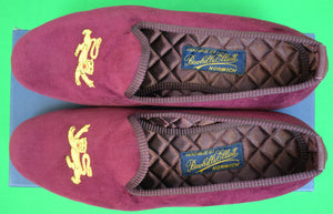 "Bowhill & Elliott Wine Velvet w/ Gold Lion Bullion Embroidered Slippers" Sz 9 1/2 Made In England (NIB)