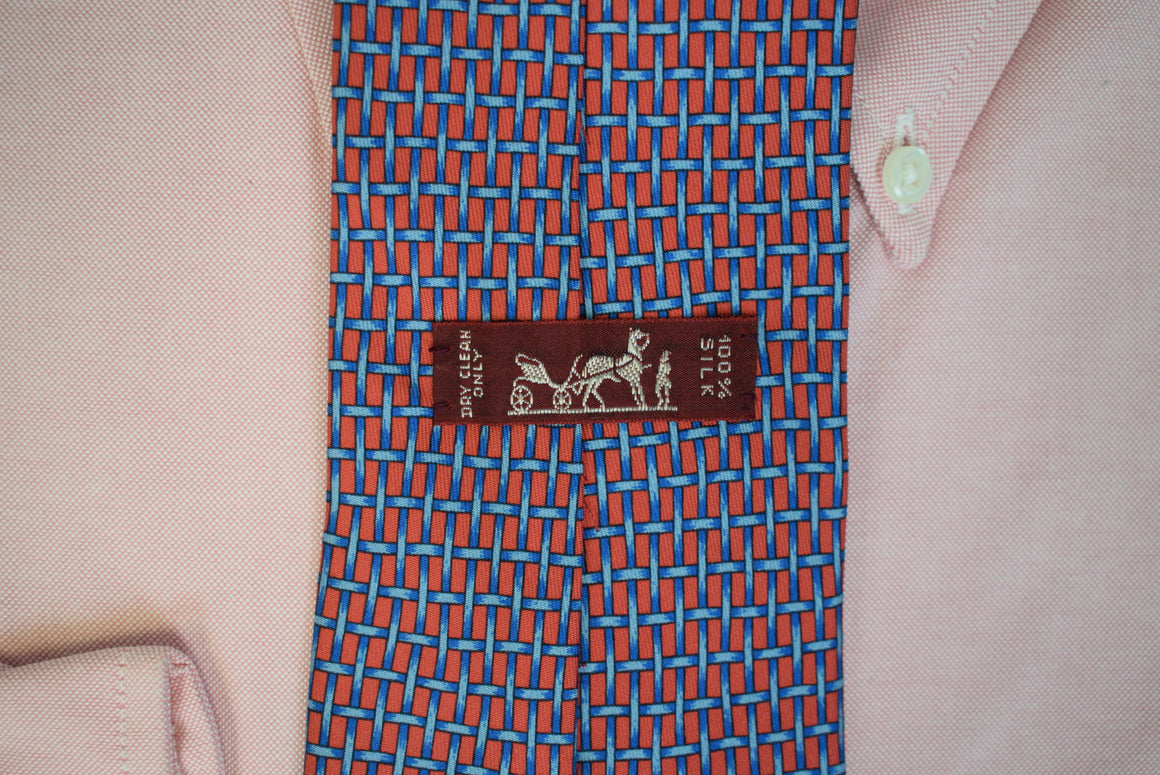 Hermès Paris Red/ Blue Graph Check Silk Tie