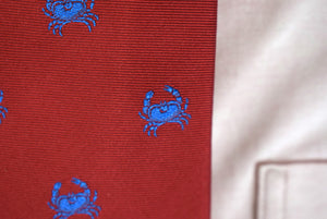 The Andover Shop x Seaward & Stearn Red English Silk Tie w/ Blue Crab Motif