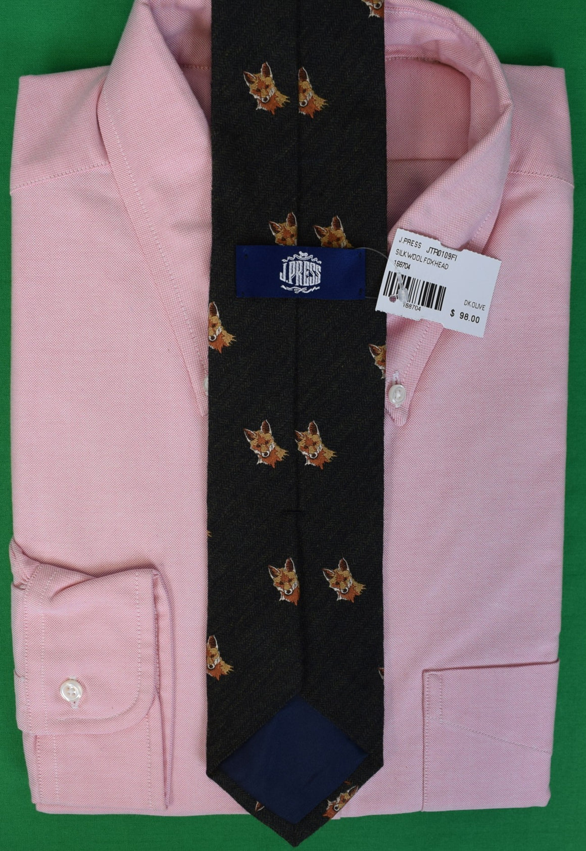 "J. Press Made-in-UK Olive Fox Head Wool/ Silk Tie" (NWT) (SOLD)
