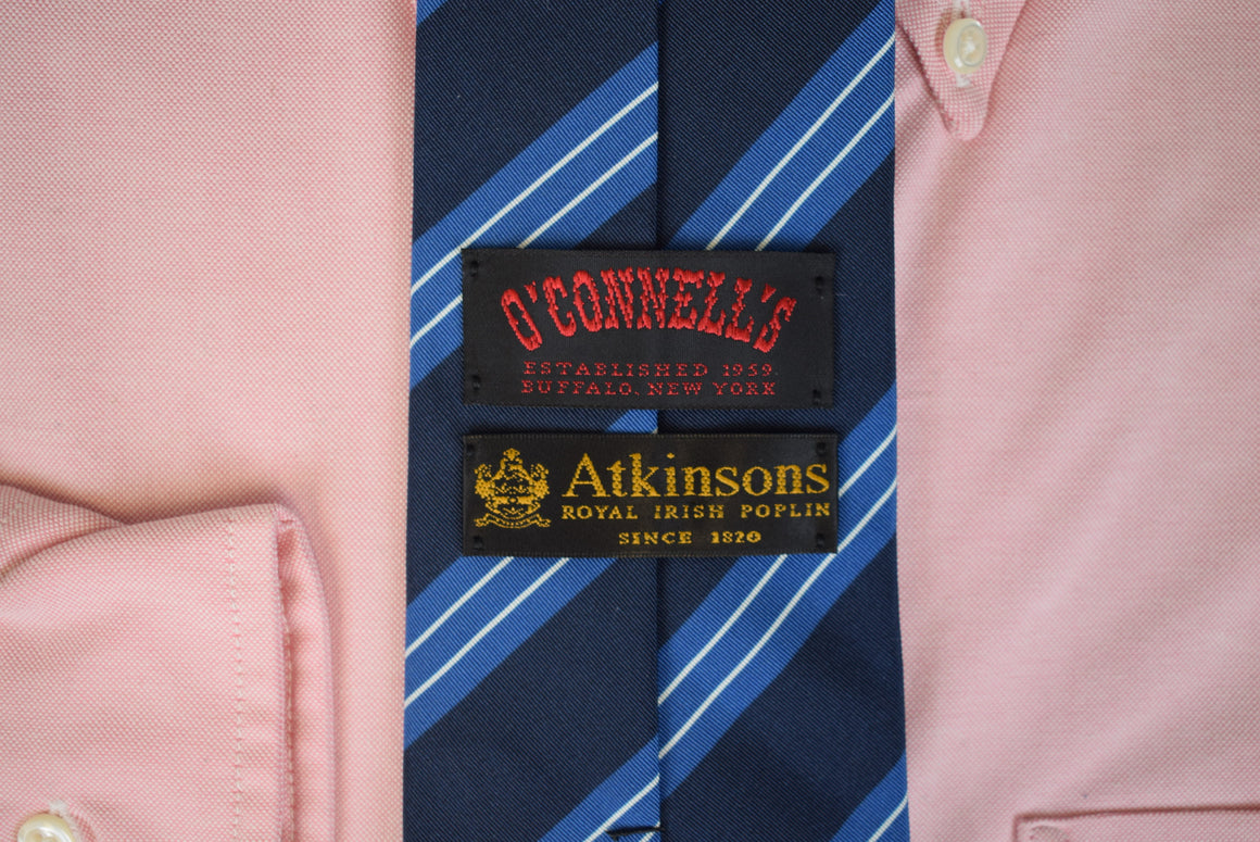 O'Connell's x Atkinsons Royal Irish Poplin Navy Wool/ Silk Tie w/ Royal & White Repp Stripe (NWOT)