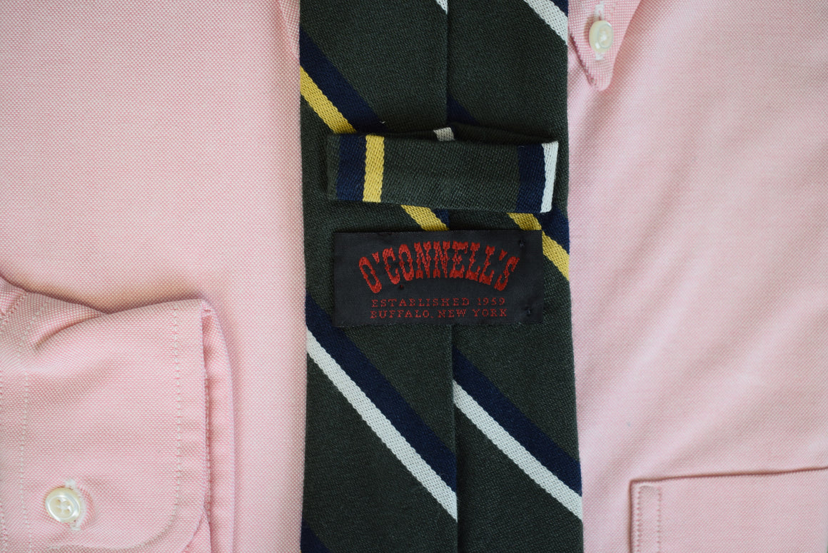 "O'Connell's Wool & Silk Necktie - Repp Stripe Olive w/ Navy & Yellow" (NWOT)