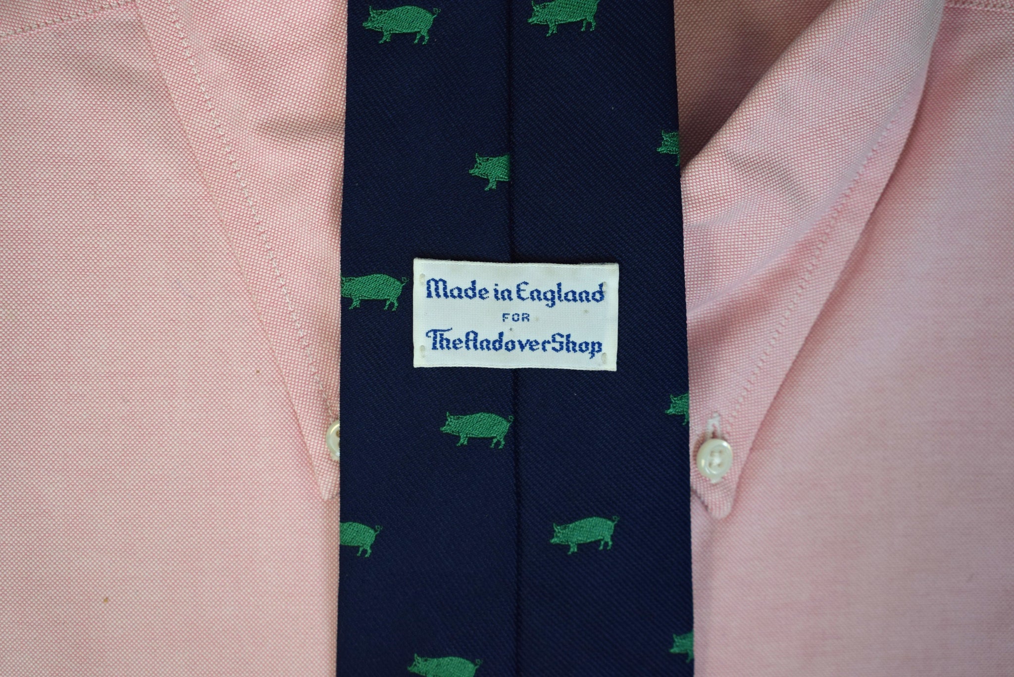 "The Andover Shop x Porcellian Club Navy w/ Green Pig Print English Silk Tie"