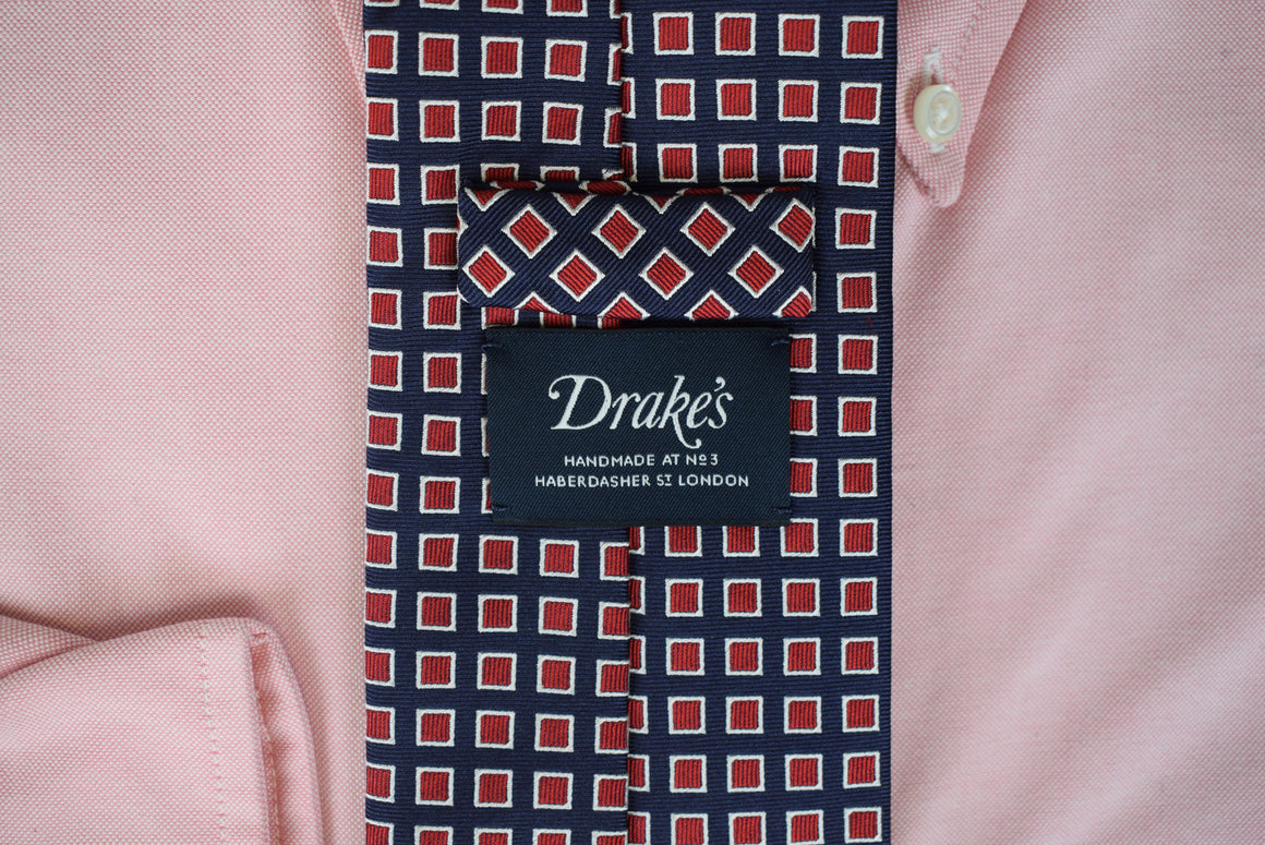 Drake's Navy w/ Burg/ White Block Print English Silk Tie