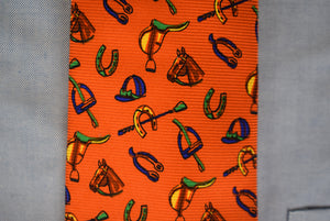 Polo by Ralph Lauren Orange Equestrian Print Silk Tie Made In Italy