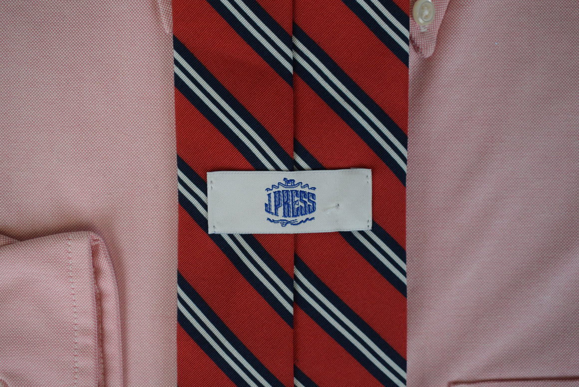 J. Press Irish Poplin Wool/ Silk Red w/ Navy/ Silver Repp Stripe Tie