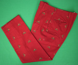 "Chipp Christmas Red Flannel Trousers w/ Embroidered Holly/ Berry Motif" Sz 40