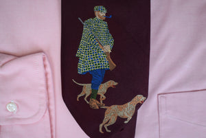 Polo Ralph Lauren Burgundy Silk Tie w/ Jacquard Cloaked Huntsman w/ Retrievers & Mallards In Flight