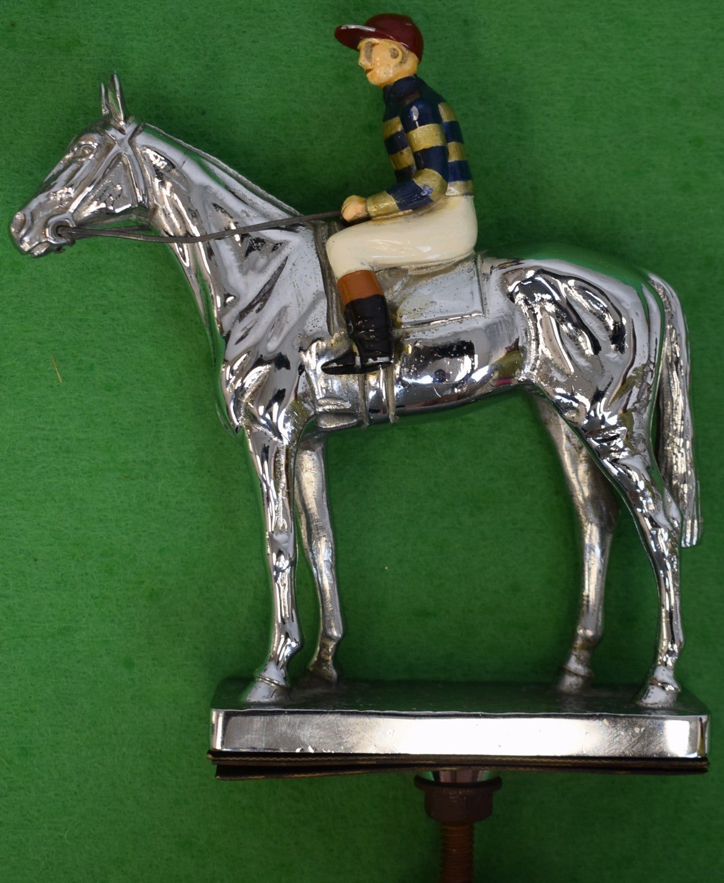 Louis Lejeune Ltd. Windsor, Standing Thoroughbred w/ Jockey Large Chrome Car Mascot w/ Hand-Enamel Painted Jockey Silk Colours Provenance: The Susie Hilfiger Collection