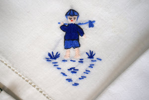 "Set x 7 Hand Embroidered Chinoiserie Blue Boy/ White Cotton Napkins/ Towelettes"