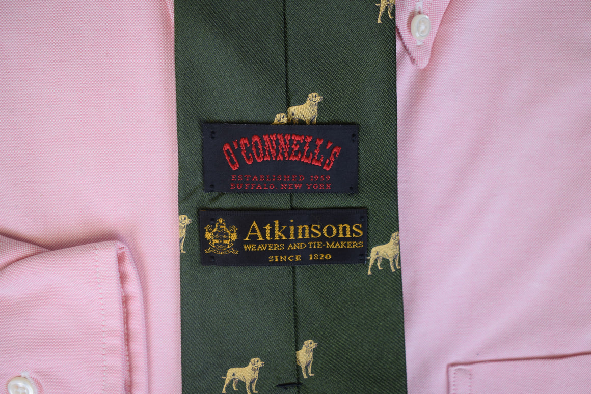 O'Connell's x Atkinsons Hunter Green English Silk Tie w/ Yellow Labs (NWOT)