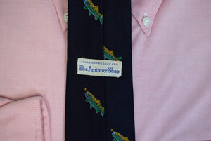 "The Andover Shop Navy Silk Club Tie w/ Leaping Trout Motif"